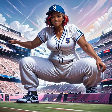 score_9, score_8_up,score_7_up, photorealistic illustration, photorealism illustration,rating_questionable, 1girl, (macrogts, giantess), smug, short hair, red hair, softball player outfit, baseball shirt, long baseball pants, baseball hat, cleats, thick, curvy,  chubby, voluptuous, thick thighs, muscular, very dark tan skin, high detail, (sitting on edge of stadium building stands), baseball stadium, looking at viewer, outside, baseball field, stands of people, stadium lights, highly detailed beautiful eyes,  extremely detailed, dramatic lighting,  <lora:Concept Art Brush Style LoRA_Pony XL v6:0.8>, concept art, digital art, <lora:hand 4:0.8>, detailed, perfect, perfection,<lora:feet v3:1>, <lora:LCMTurboMix_Euler_A_fix:0.8>, calm relaxed expression, light smile,  <lora:minigts-000026_pdxl_ada:1.2>