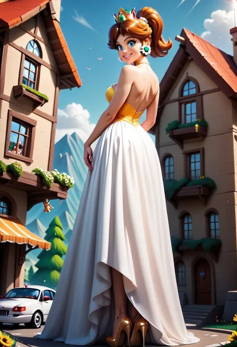 score_9, score_8_up, score_7_up, score_6_up, score_5_up, score_4_up 1girl, solo, macrogts, mesogts, minigts, minigiantess, tallgts, size difference, giantess, princess daisy (Super Mario bros), dress, high heels, (leaning on house), smiling, hair in ponytail,