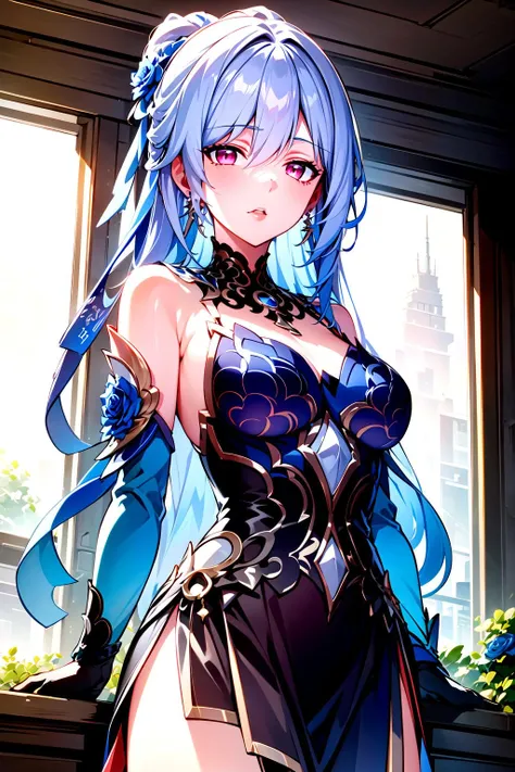 (masterpiece, best quality, ultra-detailed), 1girl, JingliuHSR, red eyes, blue hair, long hair, looking at viewer, medium breasts, upper body, portrait shot, naked, Not dressed