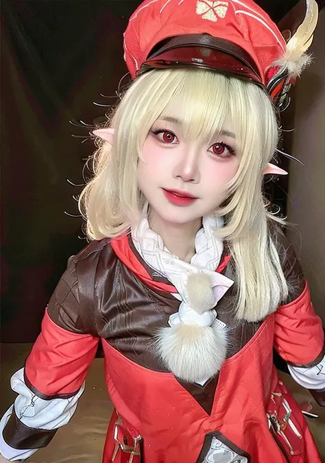 (masterpiece, best quality), (photo realistic:1.55),(ulzzang-6500:0.65),detailed, pointy_ears, hat, blurry_background, solo, blurry, 1girl, blonde_hair, hat_feather, elf, photo_\(medium\), gloves, klee_\(genshin_impact\), backpack, realistic, bag, depth_of_field, red_headwear,mittens,upper body,selfiemirror,(((arm around back))),