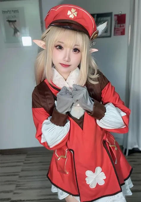 (masterpiece, best quality), (photo realistic:1.55),(ulzzang-6500:0.65),detailed, pointy_ears, hat, blurry_background, solo, blurry, 1girl, blonde_hair, hat_feather, elf, photo_\(medium\), gloves, klee_\(genshin_impact\), backpack, realistic, bag, depth_of_field, red_headwear,mittens,upper body,selfiemirror,(((arm around back))),