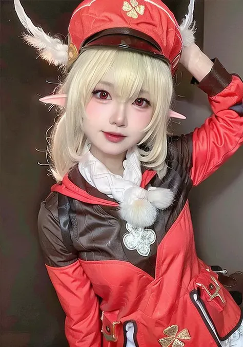 (masterpiece, best quality),  (photo realistic:1.55),(ulzzang-6500:0.65),detailed,  pointy_ears, hat, blurry_background, solo, blurry, 1girl, blonde_hair, hat_feather, elf, photo_\(medium\), gloves, klee_\(genshin_impact\), backpack, realistic, bag, depth_of_field, red_headwear,mittens,upper body,selfiemirror,(((arm around back))),