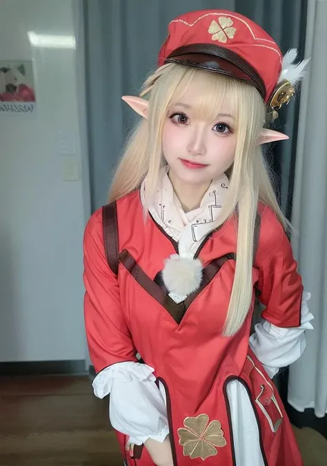 (masterpiece, best quality), (photo realistic:1.55),(ulzzang-6500:0.65),detailed, pointy_ears, hat, blurry_background, solo, blurry, 1girl, blonde_hair, hat_feather, elf, photo_\(medium\), gloves, klee_\(genshin_impact\), backpack, realistic, bag, depth_of_field, red_headwear,mittens,upper body,selfiemirror,(((arm around back))),