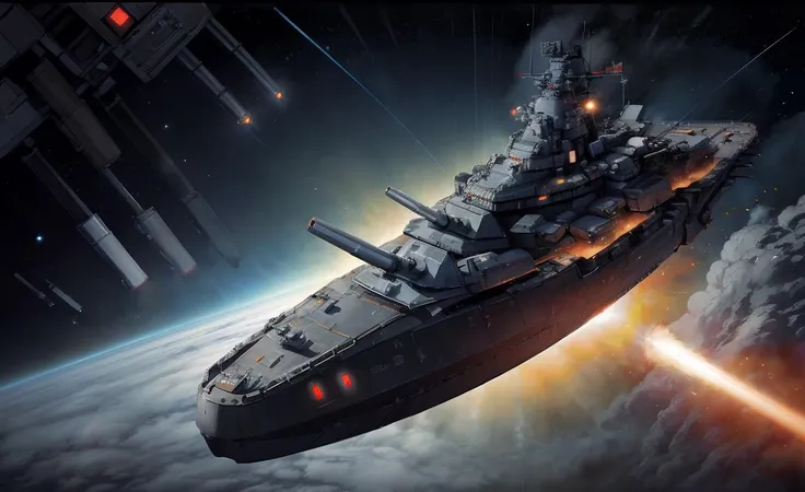 a painting of battleship in space, rocket powered, in orbit above earth, by shin hanga, a matte painting, precisionism <lora:BB-62V3:1.0>