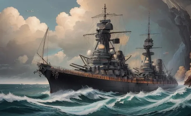 a painting of a battleship in the ocean near a rocky shore with a boat in the water and a man in a boat in the water, Alson S. Clark, matte painting concept art, a detailed matte painting, american scene painting <lora:BB-62V3:0.8>
