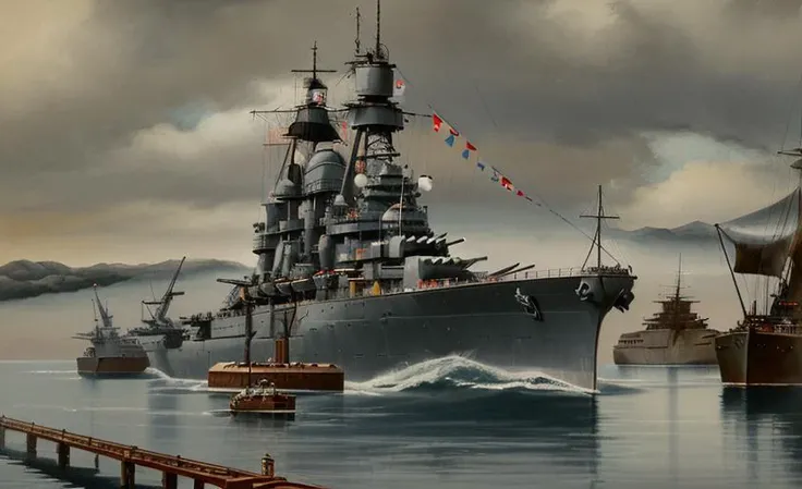 a painting of a battleship and other ships in the water with a flag flying in the background and a cloudy sky, Anton Otto Fischer, matte drawing, a detailed matte painting, shin hanga <lora:BB-62V3:0.8>