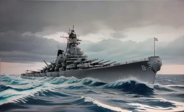 battleship ww2 warship , naval battle, storm, photorealism, cannons turrets, sunlight breaks through the clouds to the surface of the water, strong wind, highly detailed, (steamship), cruiser, gun shooting, dreadnought a large ship in the middle of the ocean with a sky background and clouds in the background, with a few clouds in the sky, Donald Sherwood, 1 9 6 0 s, a tilt shift photo, precisionism <lora:BB-62V3:0.9>