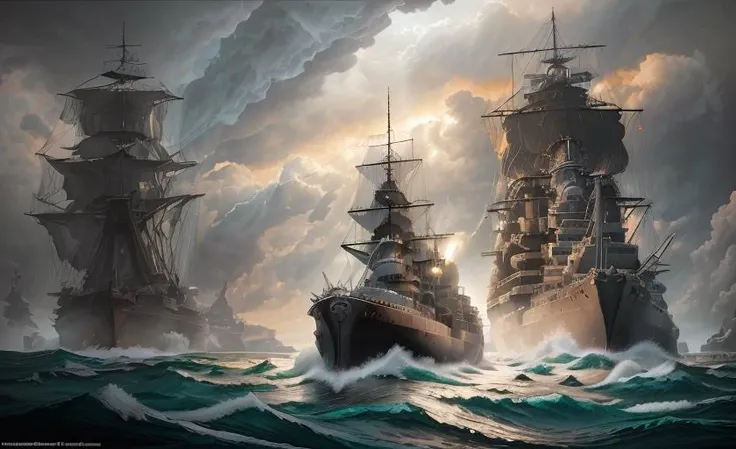 sunlight breaks through the clouds to the surface of the water, strong wind, highly detailed, (steamship), cruiser, gun shooting, dreadnought a (one) large ship is in the water near a cliff side area with a river running beside it and a hill in the background, Art Brenner, matte painting, a matte painting, precisionism <lora:BB-62V3:0.8>