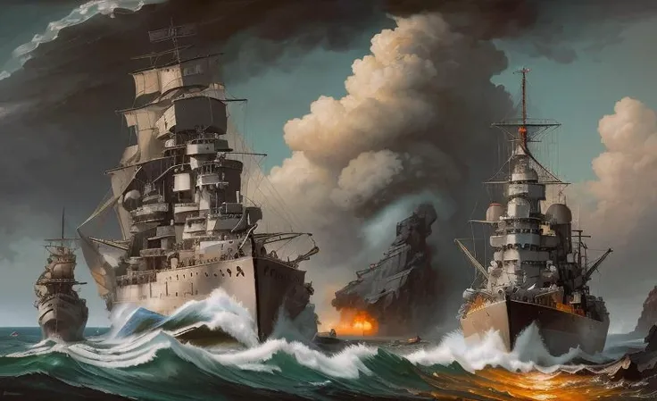 a painting of a battleship in the ocean near a rocky shore with a boat in the water and a man in a boat in the water, Alson S. Clark, matte painting concept art, a detailed matte painting, american scene painting <lora:BB-62V3:0.8>