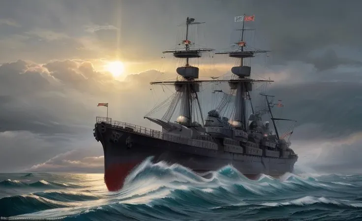 sunlight breaks through the clouds to the surface of the water, strong wind, highly detailed, (steamship), cruiser, gun shooting, dreadnought a (one) large ship is in the water near a cliff side area with a river running beside it and a hill in the background, Art Brenner, matte painting, a matte painting, precisionism a painting of a wave with a boat in the middle of it and a sky background with clouds and a chinese writing, Art & Language, ocean, a painting, ukiyo-e <lora:BB-62V3:0.8>