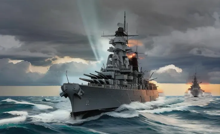 battleship ww2 warship , naval battle, storm, photorealism, cannons turrets, sunlight breaks through the clouds to the surface of the water, strong wind, highly detailed, (steamship), cruiser, gun shooting, dreadnought a large ship in the middle of the ocean with a sky background and clouds in the background, with a few clouds in the sky, Donald Sherwood, 1 9 6 0 s, a tilt shift photo, precisionism <lora:BB-62V3:0.8>