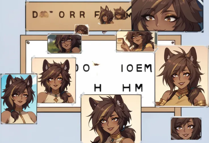 score_9, score_8_up, score_7_up, score_6_up BREAK photo (object), english text, multiple views, poster,difh,cropped,tape,hyemayeso, dark-skinned female, wolf girl, animal ears, freckles, multicolored tail, makeup, gold eyeliner,large breasts,wolf tail, multicolored eyes, multicolored hair, streaked hair, medium hair, smile,low ponytail <lora:HyenaMayesoPDXL_V1-Manityro-CAME:1> <lora:DIFH:1.2>