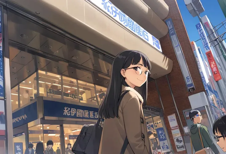 best quality, ultra-detailed, illustration, 
1girl, solo, glasses, black hair, long hair, duffle coat, black bag, smile, looking at viewer, solo focus,
kinokuniya, storefront, scenery, outdoors, close-up, window, sign
<lora:col_xl:0.8> <lora:shinjuku_kinokuniya_SDXL_V1:1>