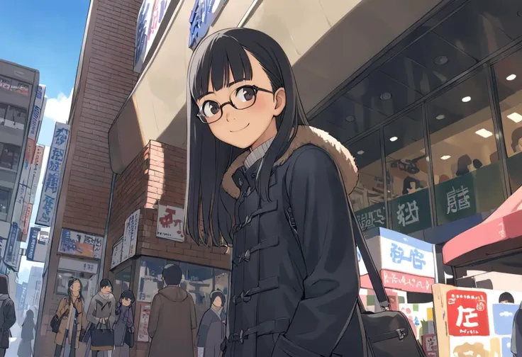 best quality, ultra-detailed, illustration, 
1girl, solo, glasses, black hair, long hair, duffle coat, black bag, smile, looking at viewer, solo focus,
kinokuniya, storefront, scenery, outdoors, close-up, window, sign
<lora:col_xl:0.8> <lora:shinjuku_kinokuniya_SDXL_V1:1>