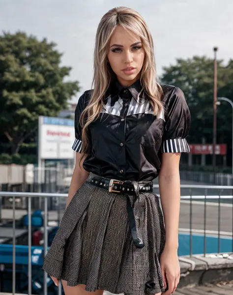 cinematic photo <lora:quiron_AleskaDiamond_v2_lora:0.77> AleskaDiamondQuiron woman wearing Striped collared shirt half-tucked into a solid color flared skirt, accessorized with a statement belt and ankle boots., . 35mm photograph, film, bokeh, professional, 4k, highly detailed, skin pores, perfect iris, perfect eyes, serious, portrait, linkedin, grey background,