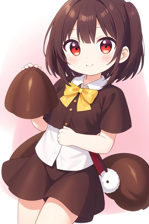 1girl,boots,breasts,brown eyes,brown hair,dress,female focus,hair between eyes,kneehighs,large breasts,light blush,looking at viewer,mushroom,mushroom girl,mushroom hat,open mouth,panties,polka dot,polka dot dress,purple panties,red dress,short hair,simple background,ocks,solo,squatting,superhero costume,symbol-shaped pupils,thighs,tongue,tongue out,underwear,upskirt,white backgroun,x-shaped pupils