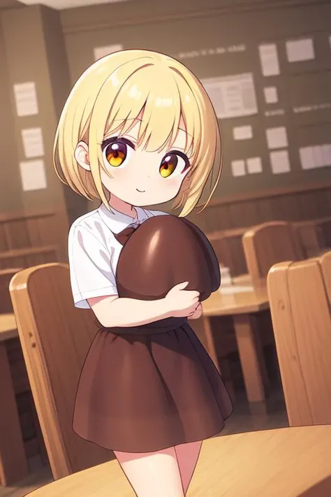 masterpiece, best quality,ultra detail,(chibi,petite),a girl,happy, holding kinoko <lora:kinoko-001:1>chocolate,mushroom,on table
