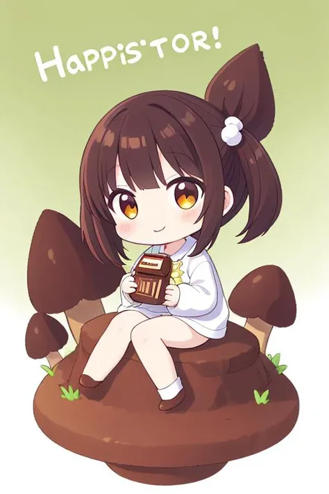 masterpiece, best quality,ultra detail,chibi,a girl,happy, holding kinoko <lora:kinoko-001:0.9>chocolate,mushroom