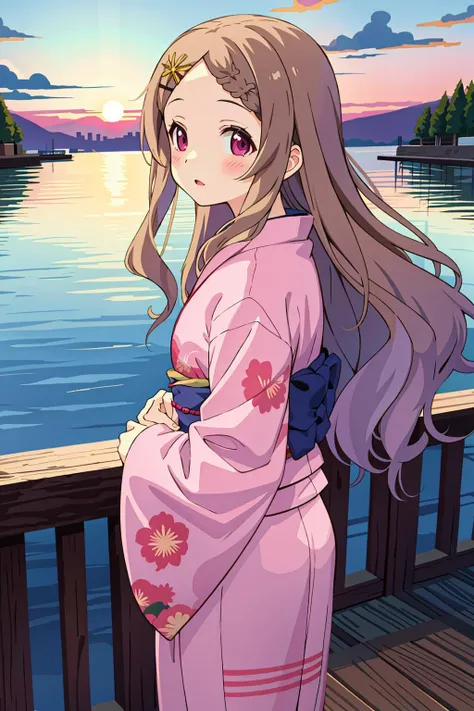 <lyco:aoba-kokona:0.8>aoba kokona,kimono, sunset, scenery, outdoors, city,floral print,13yo