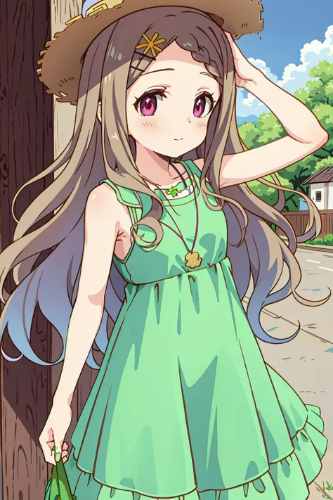 <lyco:aoba-kokona:0.8>aoba kokona,dress, green dress, jewelry, sleeveless, necklace, sleeveless dress, standing, outdoors, town,sun hat