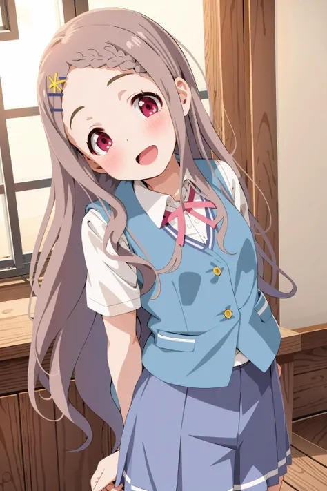 <lyco:aoba-kokona:0.8>aoba kokona,school uniform, smile, open mouth, skirt, looking at viewer, shirt, vest, white shirt, short sleeves, blue vest,  blue skirt, neck ribbon, pleated skirt, red ribbon,flat chest, indoors, window,arms behind back,