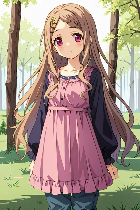 <lyco:aoba-kokona:0.8>aoba kokona,cowboy shot, dress, pants, looking at viewer, long sleeves, pink dress, closed mouth, collarbone,outdoors, forest,