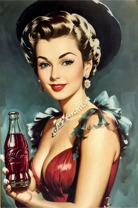 <lora:g1l3lvgr3n_v1:0.8>, a painting of a woman holding a coca cola bottle in her hand, smiling, in the art style of gil elvgren, award winning, masterpiece