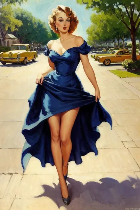 <lora:g1l3lvgr3n_v1:0.7>, a painting of a woman in a dress on the street, in the art style of gil elvgren, award winning, masterpiece