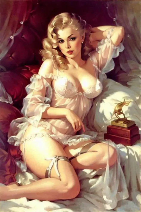 <lora:g1l3lvgr3n_v1:0.8>, a painting of a woman in lingerie in bed, in the art style of gil elvgren, highly detailed, award winning, masterpiece