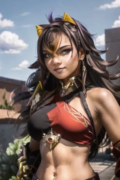 full body shot of dehya,beautiful face,side lighting,(big breasts:1),full dehya outfit,eyes looking at the viewer,(smirk:1.3),rim lighting on hair, long hair,shallow sharp depth of field, (highly detailed),(pointy cat ears), (Award winning), (Masterpiece), movie still, (HDR), (8k wallpaper),sky background,female focus <lora:dehyaGenshinImpact_v2NAI:1>