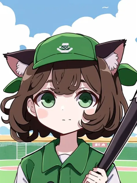 Masterpiece, best quality, best work, beautiful face, baseball outfit, baseball, holding baseball bat, 13 year old girl, petite, brown hair, green eyes, messy hair, detailed eyes, cat ears, colorful, colorized,