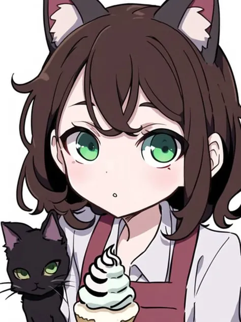 Masterpiece, best quality, best work, beautiful face, (male pov), ice cream, ice cream cone,  girl, petite, brown hair, green eyes, messy hair, detailed eyes, cat ears, colorful, colorized,