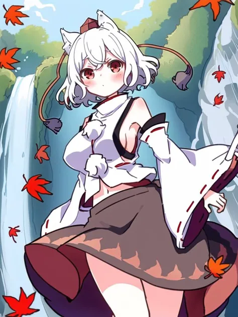 masterpiece, epic, waterfall background, autumn trees, wind blowing leaves falling, inubashiri momiji, white hair, wolf ears, blush, red hat, black skirt, red eyes, slutty, (detailed eyes), large breasts, curvy, hips, thighs,