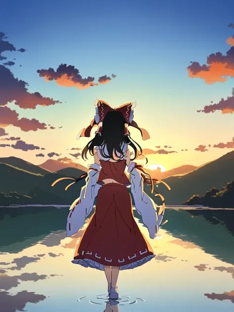 Masterpiece, best quality, best work, hakurei reimu, water reflections, lake, standing on water, sunrise,