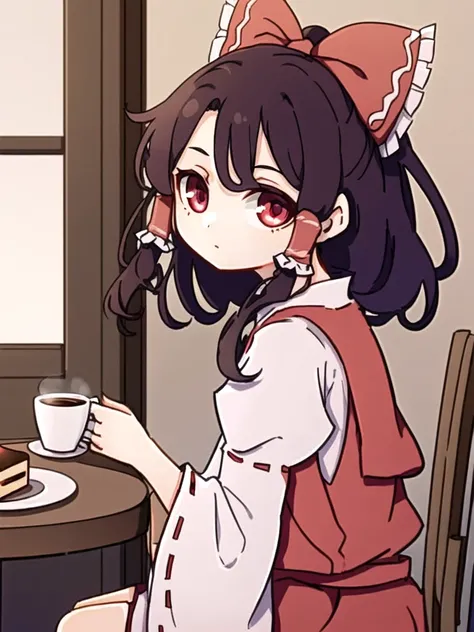 Masterpiece, best quality, best work, beautiful face, from side, morning, French cafe, sitting at a table, table, plate with cake, cake, books on table, ornate wallpaper, chair, indoors, drinking coffee, holding coffee cup, (touhou), (reimu hakurei), red dress, red bow, purple hair, grey eyes, red lipstick, ( girl), small breasts, youthful skin, textured skin, detailed eyes, dramatic light, flowing hair, colorized, colorful, single braid, gold dust, dust,