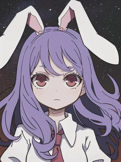 Gorgeous female photo, Masterpiece, best quality, best work, promotional art, beautiful face, professionally retouched, in space, (reisen udongein inaba), bright eyes, (red eyes), swirl pupils,  underbust, white button up t-shirt, rabbit girl, (rabbit ears), (purple hair), (detailed face), jewel eye, detailed eyes, textured skin,  messy hair,