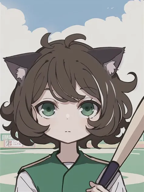 Masterpiece, best quality, best work, beautiful face, baseball outfit, baseball, holding baseball bat,  girl, petite, brohair, green eyes, messy hair, detailed eyes, cat ears, colorful, colorized,