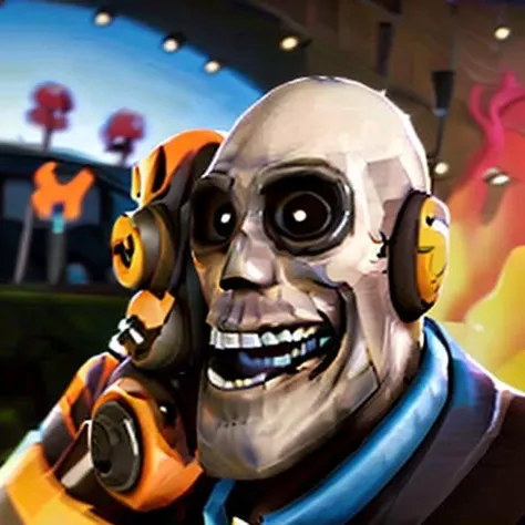 <lora:MGE-000066:1>mge pyro, skull, face crazy, laughs , mask