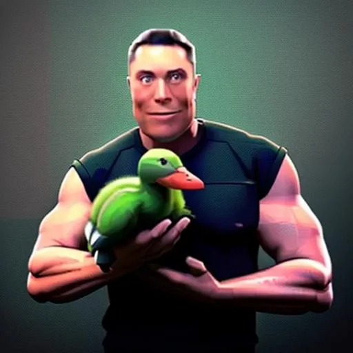 <lora:MGE:1> Elon Musk holds a green duck
