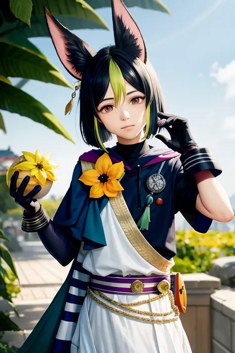 masterpiece, best quality, 1boy, animal ears, male focus, multicolored hair, yellow flower, medal, fox ears, black hair, green hair, green eyes, gloves, flower, animal ear fluff, solo, blunt ends, vision (genshin impact), asymmetrical sleeves, fox boy, tassel,(kbxll:0.5),tighnari, genshin impact, bow, upper body, <lora:tighnariGenshinImpact_v10:0.8>