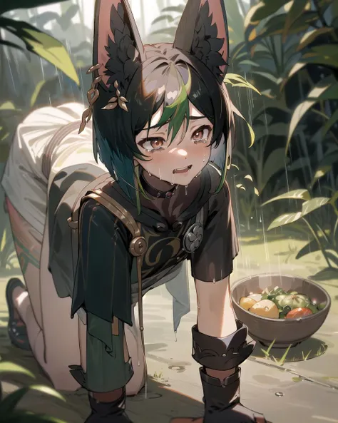 4K, realistic, high resolution, masterpiece: 1.2), ((movie brightness)(blurry foreground:1.1), [1girl|(Tinai\(genshin impact\):1.1),  Impact(crossdressing:1.21)|[in the rain:(jungle:1.1):0]],(naked:1.2)(crying:1.2) [short hair|(bowl cut:1.1)|hair between eyes|(fox ears:1.1)], [half gloves|(all fours:1.331)|(collar:1.1)(tattoo:1.2) <lora:tighnari:0.85>