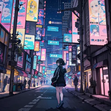 1girl,masterpiece,best quality,ultra detailed,solo,<lora:aki:1>,cyberpunk city,night,stars,