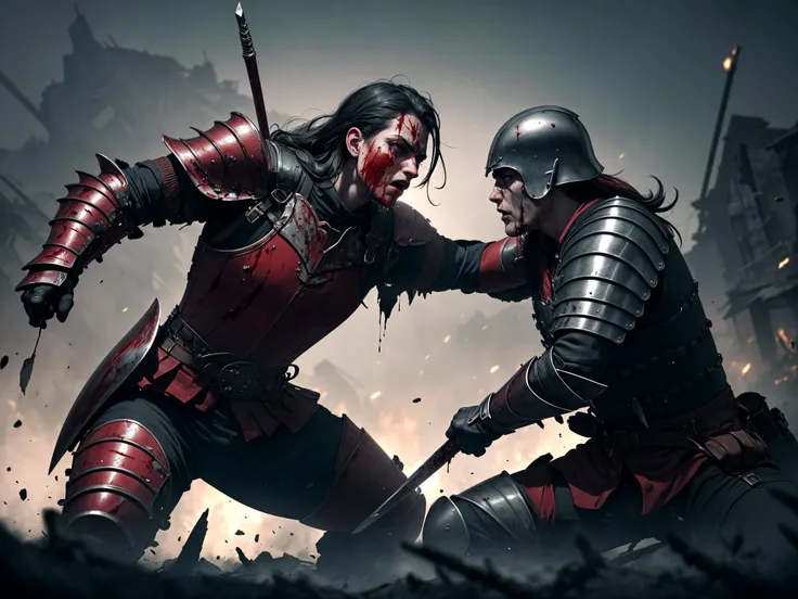 photorealistic,highly detailed,Stunning battlefield portrait of a warrior,wounded,damaged armor,fighting stance,weapon in hand,dripping blood,surrounded,octane render,epic ambient light,very dark lighting,tough battle fought, vampires