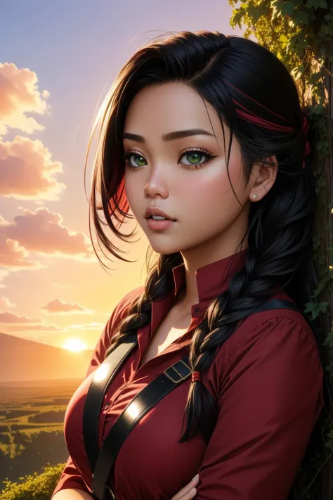 1girl, professional Concept art, majestic, body shot of a plump Indonesian (Female Filmmaker:1.3) , the Filmmaker is very Absorbing and Sturdy, Grim, her hair is Twisted and styled as French braid, Layered field in background, crowded lava pit and nature, at Sunrise, tilt shift, Angry, Constructivism Art, Nostalgic lighting, 35mm, Colorful, Burgundy and Forest Green, Mauve and Yellow dust particles, natural skin texture, pleasant Green eyes, trending on CGSociety, 8K, organic