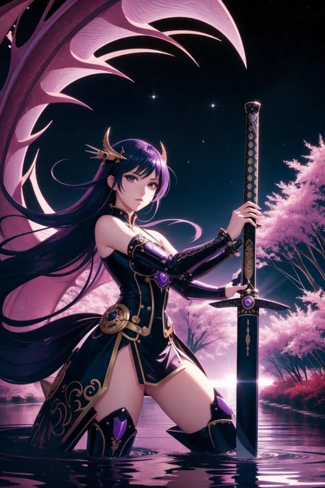 1girl, (character art stylized by Brian Sum:0.8) , mundane On pale black paper, Rule of Thirds, Portrait of a Reiwa Era ([Bastard sword|Water scooter]:1.3) , the Bastard sword is very Dragoncore and Emotional, it is engraved with Baroque and Vulgar details, it has ornate details, Ludicrous field in background, lush vegetation and Sagittarius constellation in background, Spring, horizon-centered, Overdetailed art, Depressing, Witchcore, loop lighting, F/1.8, Saturated, vibrant, deep purple splash, beautiful, Unsplash