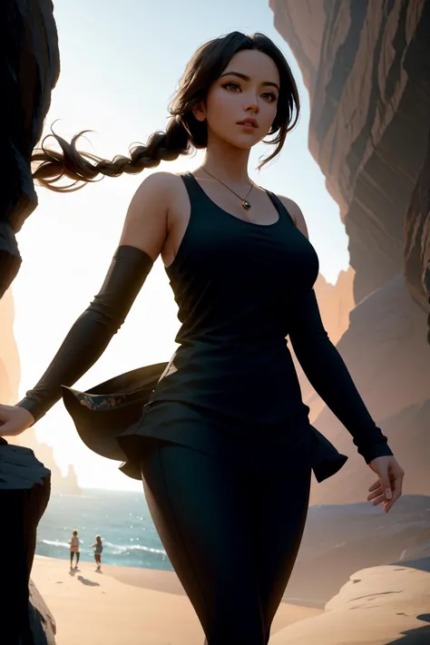 masterpiece of photorealism, photorealistic highly detailed professional 8k raw photography, best hyperrealistic quality, volumetric real-time lighting and shadows, young woman, Top Hourglass with Full Bust: Similar to the top hourglass, but with a fuller bust, fishtail braid chocolate, Dynamic Foreground Elements: Interacting with elements in the foreground for depth., **Casual Tunic, Leggings, and Slip-On Sneakers**, Dramatic Slot Canyons full of busy people, Stunning Slow-Motion Capture
