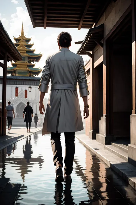 photorealistic highly detailed 8k photography, best street shot quality, volumetric lighting, plain clean earthy young man, casual street wear, Walking Away with a Back Glance, realistic skin and hair texture, Creative Use of Reflections in Water, Monasteries or Temples full of busy people