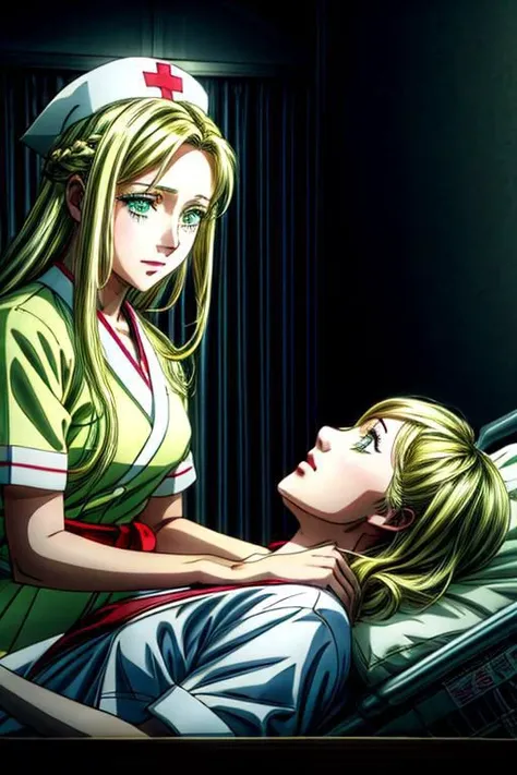 (high quality) (masterpiece) A scene of an anime girl with a patient gown in the hospital, with a conforting nurse very long blonde hair and light green eyes, emotional scene, various scene.