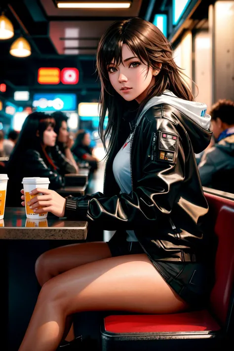 photorealistic highly detailed 8k photography, best street shot quality, volumetric lighting, plain clean earthy young woman, cyberpunk outfit, sitting in a busy crowded street diner, realistic skin and hair texture, shot with Canon EOS 5D Mark IV