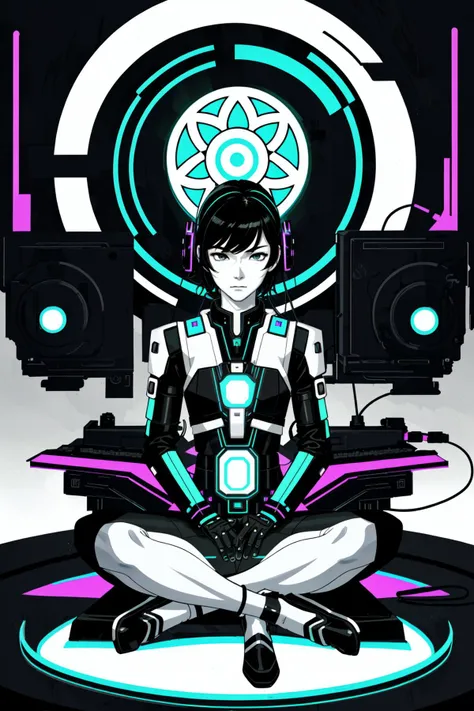 Kobayashi Kiyochika, 1boy in
(a high contrast:1.21) ultradetailed photorealistic painting of a beautiful cybernetic woman meditating in lotus position behind a computer, conrad roset, greg rutkowski, and makoto shinkai, detailed, vector art, 8 k, trending on artstation